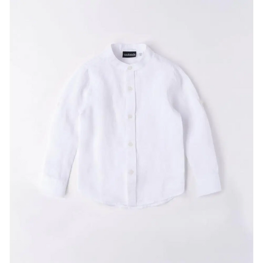 Camicia bianca in lino con colletto alla coreana e bottoni frontali, camicia lino bambino Sarabanda elegante e traspirante