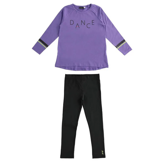 completo sportivo ragazza Sarabanda maglia lilla manica lunga con scritta DANCE e leggings neri elasticizzati