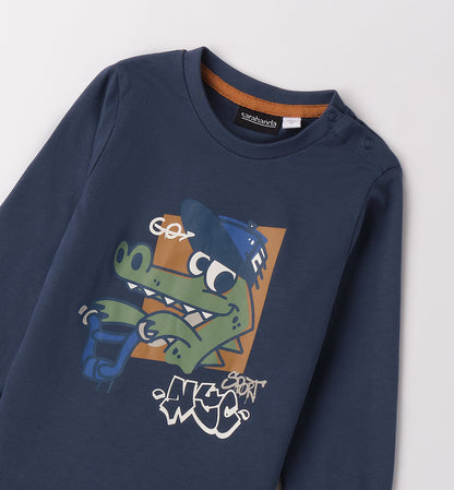 maglietta bambino maniche lunghe coccodrillo Sarabanda blu navy con coccodrillo su monopattino e bottoni spalla