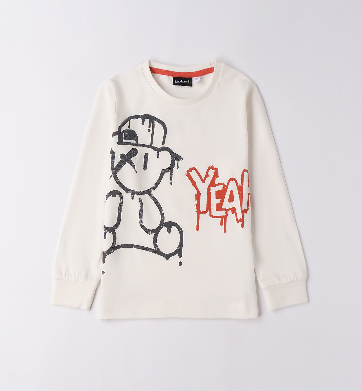 maglietta bambino maniche lunghe graffiti Sarabanda bianca con stampa orso graffiti nera e scritta YEAH rossa