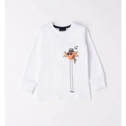 maglietta cotone bambino Sarabanda bianca a manica lunga con stampa uccellino cartoon con occhiali e cappello