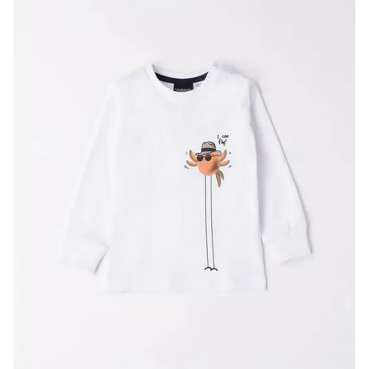 maglietta cotone bambino Sarabanda bianca a manica lunga con stampa uccellino cartoon con occhiali e cappello