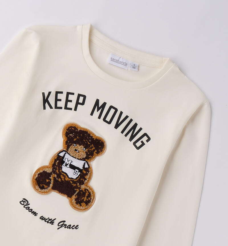 Maglietta ragazza Sarabanda con orso applicato e scritta Keep Moving in bianco e nero