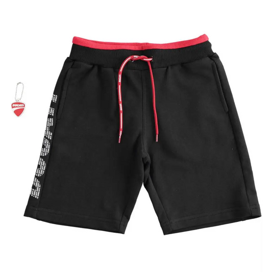 pantaloncini bambino Ducati Sarabanda in cotone nero con banda laterale logo Ducati e coulisse rossa