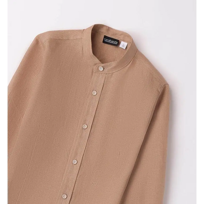camicia coreana elegante ragazzo Sarabanda beige in lino leggero con collo alla coreana e bottoni