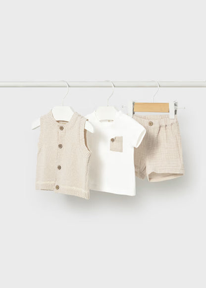 Completo Neonato 3 Pezzi con Gilet Beige in Maglia - Mayoral