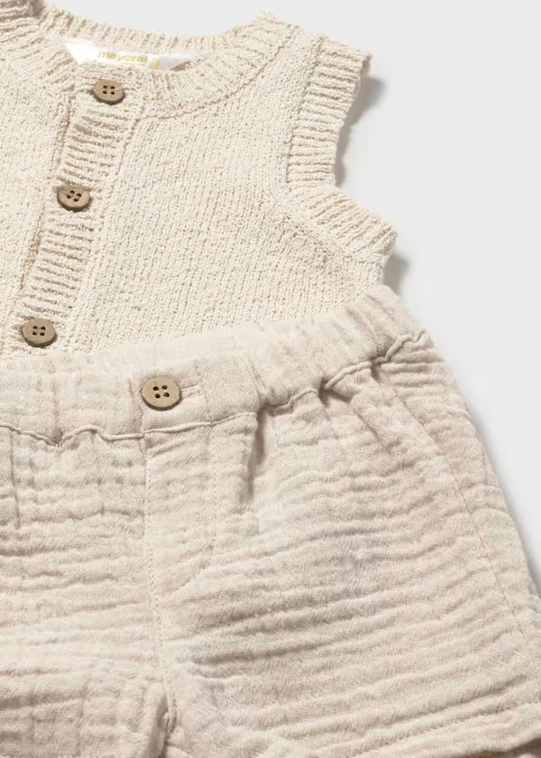 Completo Neonato 3 Pezzi con Gilet Beige in Maglia - Mayoral