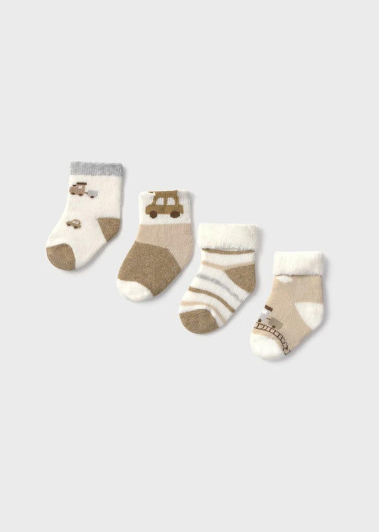 Set 4 calze fantasia in cotone neonato con design di veicoli e strisce nei toni del beige