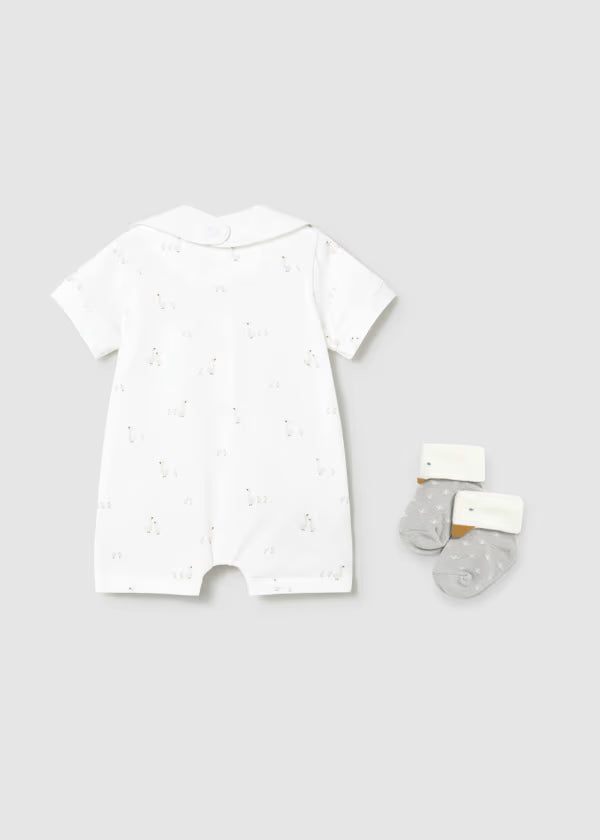 Set Regalo Neonato 2 Pezzi Tutina Corta e Bavaglino Bianco Grigio Perla - Mayoral