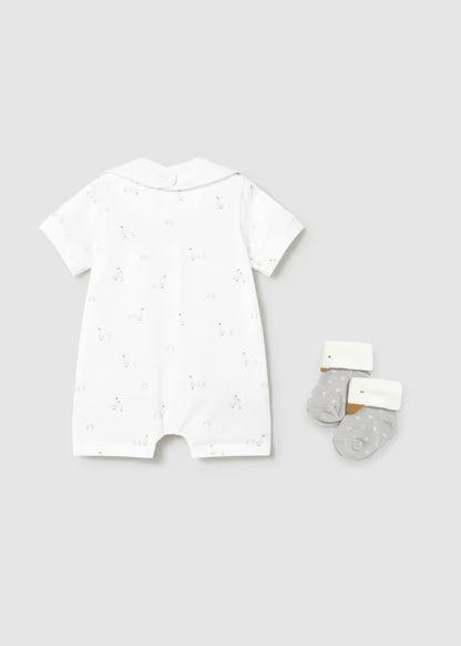 Set Regalo Neonato 2 Pezzi Tutina Corta e Bavaglino Bianco Grigio Perla - Mayoral