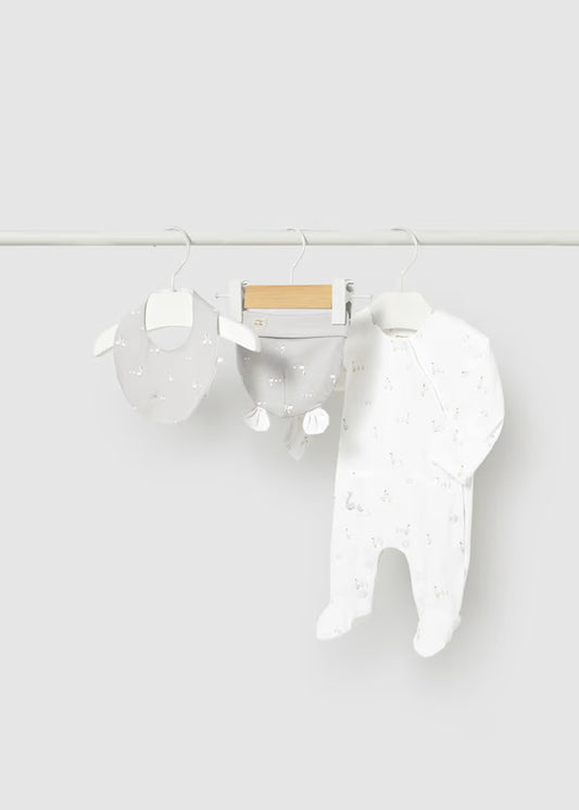 Set Regalo Neonato 3 Pezzi Tutina Cappellino e Bavaglino Bianco Grigio Perla - Mayoral