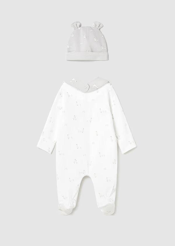 Set Regalo Neonato 3 Pezzi Tutina Cappellino e Bavaglino Bianco Grigio Perla - Mayoral