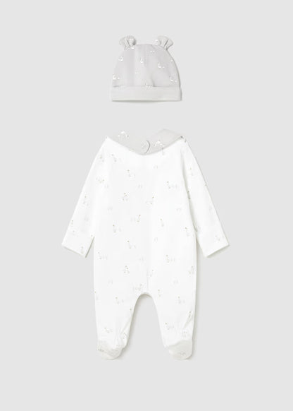 Set Regalo Neonato 3 Pezzi Tutina Cappellino e Bavaglino Bianco Grigio Perla - Mayoral