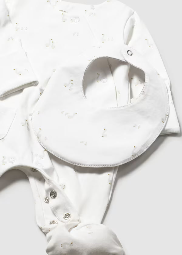 Set Regalo Neonato 3 Pezzi Tutina Cappellino e Bavaglino Bianco Grigio Perla - Mayoral