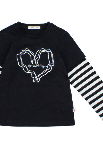 T-Shirt Bambina TOBETOO a Maniche Lunghe con Maniche a Righe e Stampa Grafica