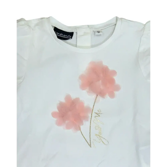 T-SHIRT COLORE LATTE CON I FIORI ROSA TULLE - 18mesi - Maglietta