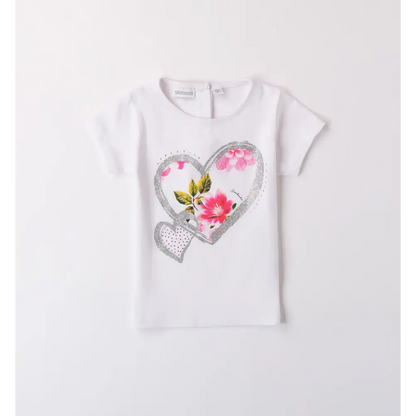 Maglietta bianca Sarabanda con cuore decorato da fiori rosa e glitter argentati per bambina