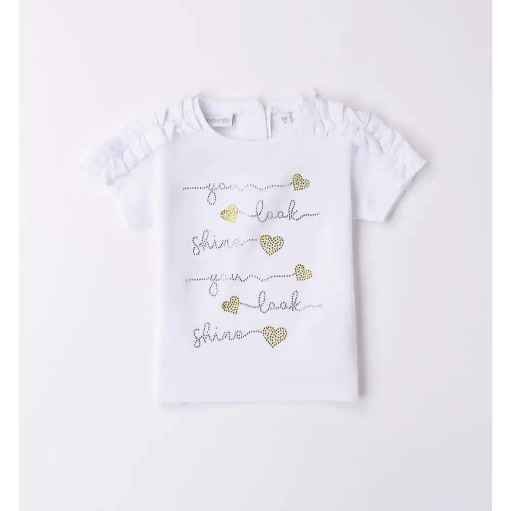 T-shirt estiva bambina Sarabanda bianca con cuori dorati e dettagli arricciati sulle maniche