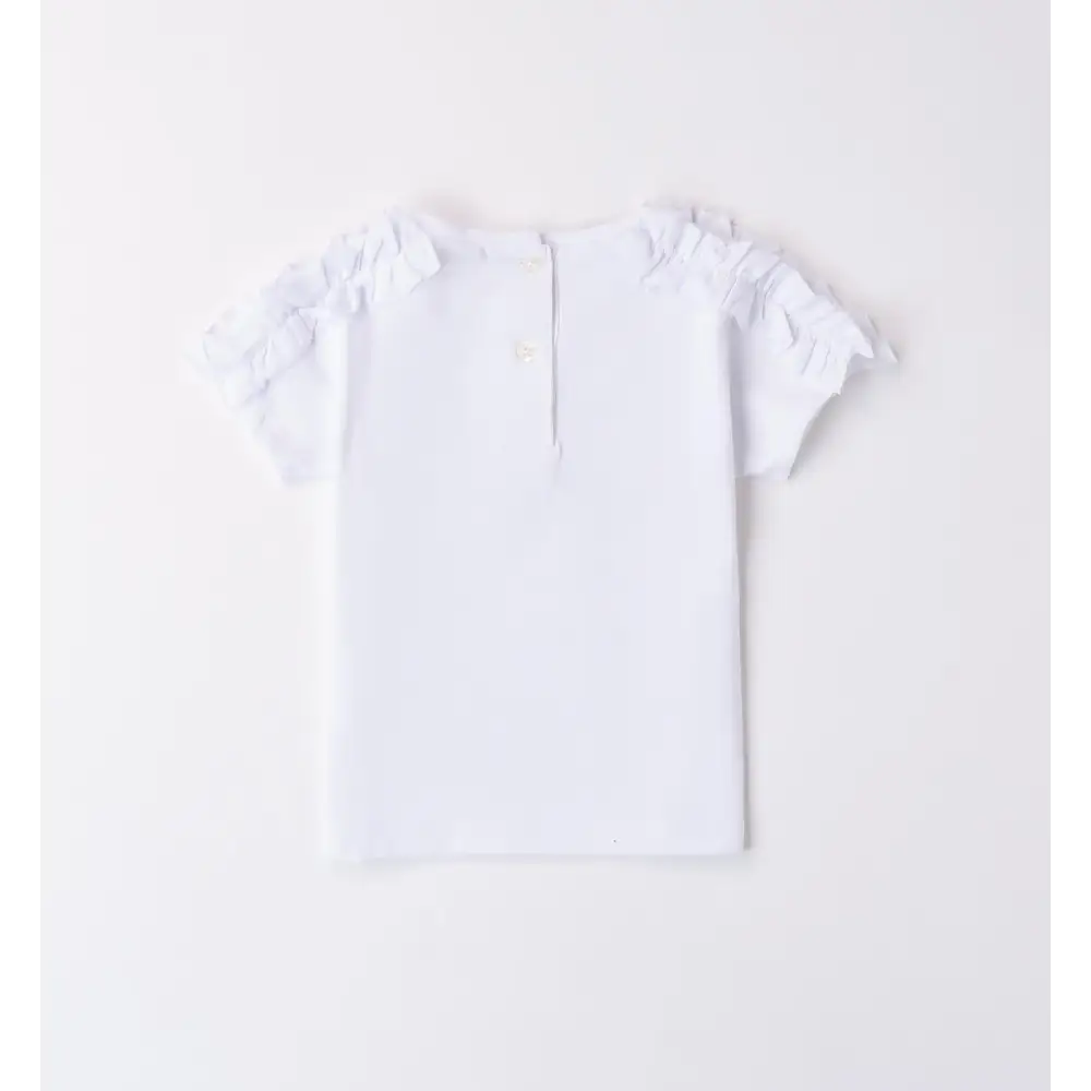T-shirt estiva bambina Sarabanda bianca con maniche arricciate e bottone sul retro