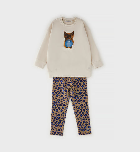 Completo Bambina Maxi Felpa Beige e Leggings Maculati Sarabanda