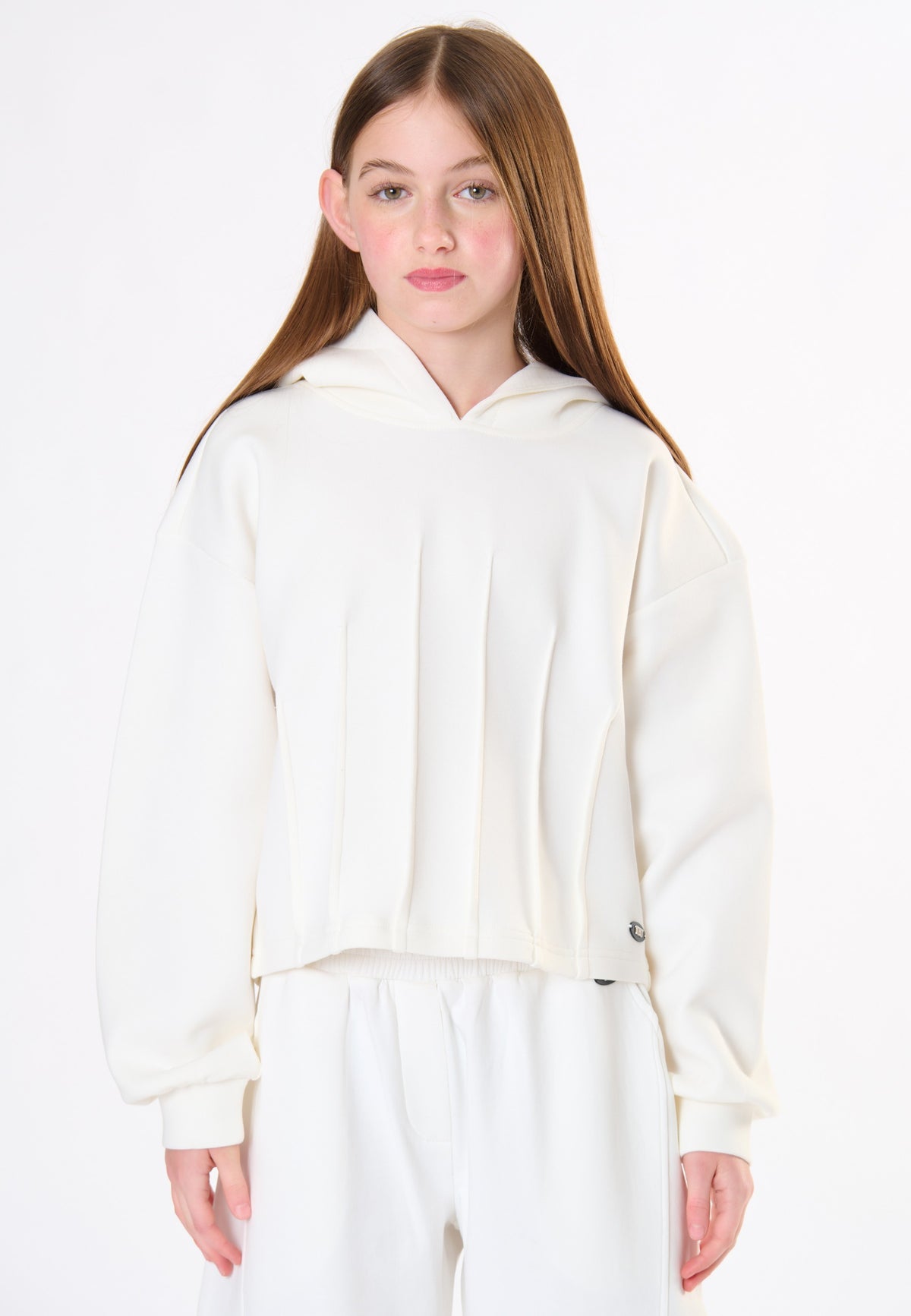 Felpa Ragazza TOBETOO Bianca con Cappuccio in Tessuto Accoppiato – Modello Teen, stile moderno e alla moda
