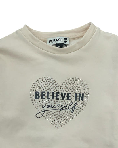 Tuta bimba beige due pezzi con cuore decorato e scritta Believe in yourself