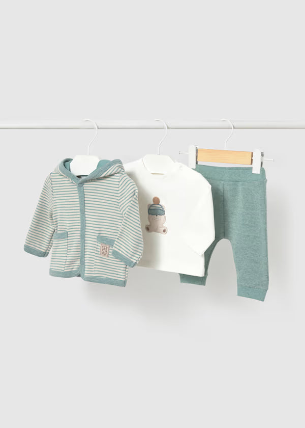 Completo Neonato 3 Pezzi Panna e Verde con Felpa Rigata e Orsetto