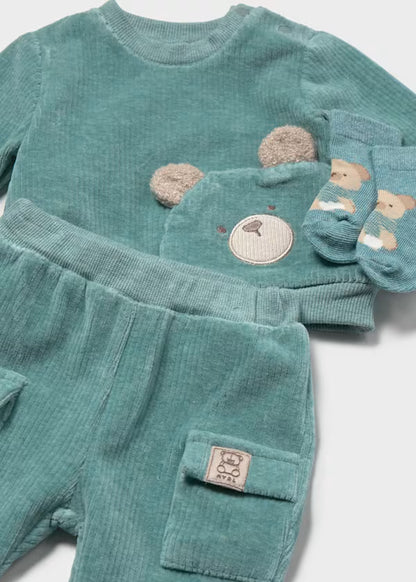 Tuta Neonato con Orsetto e Calzini Coordinati – Completo Verde 3 Pezzi