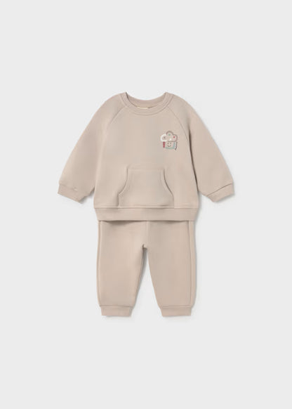 Tuta Neonato 2 Pezzi Beige Over con Felpa Girocollo e Pantaloni