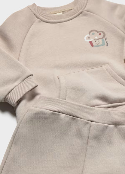 Tuta Neonato 2 Pezzi Beige Over con Felpa Girocollo e Pantaloni
