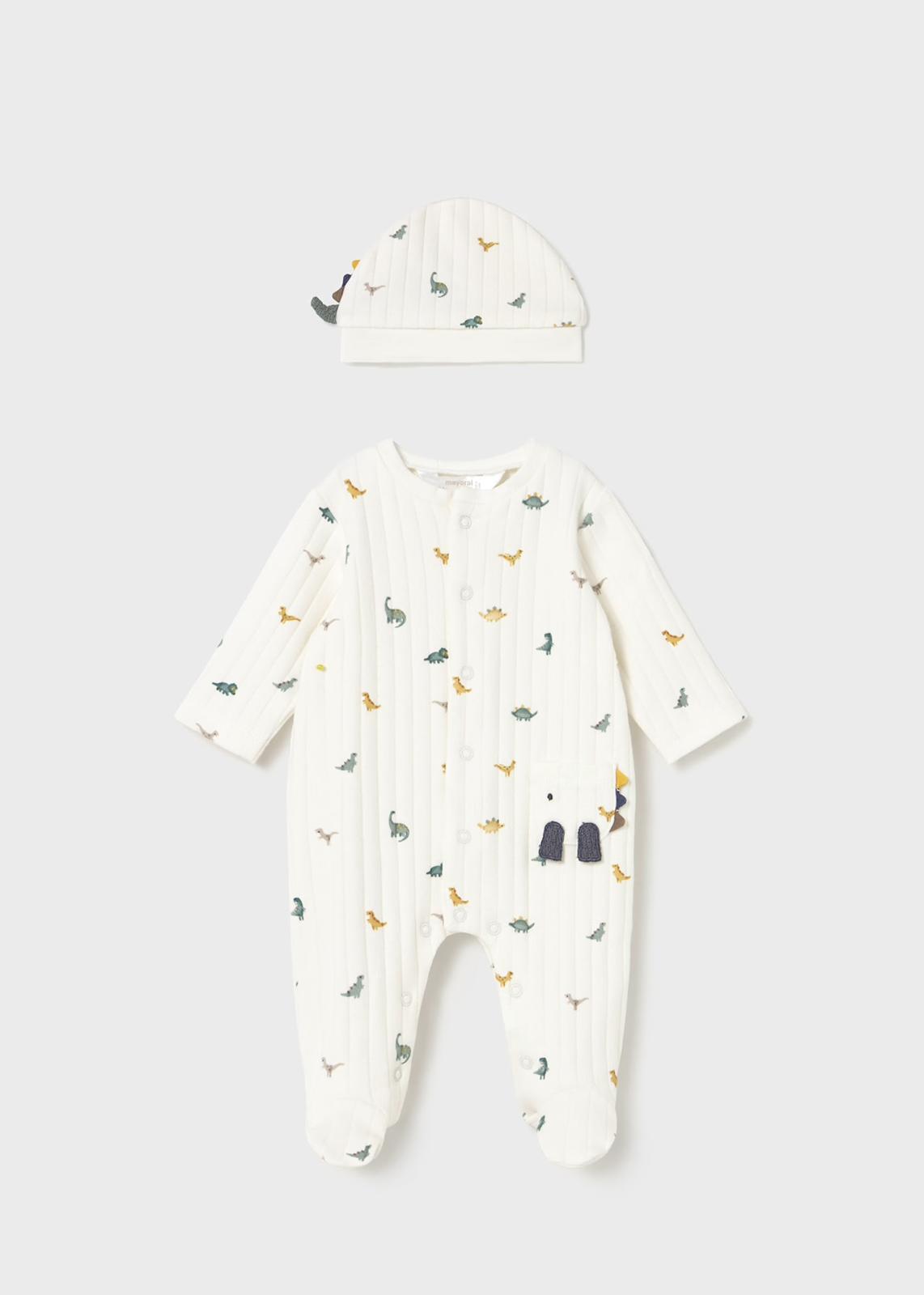 Tutina con cappello dinosauro neonato in bianco con disegni colorati di dinosauri