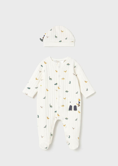 Tutina con cappello dinosauro neonato in bianco con disegni colorati di dinosauri