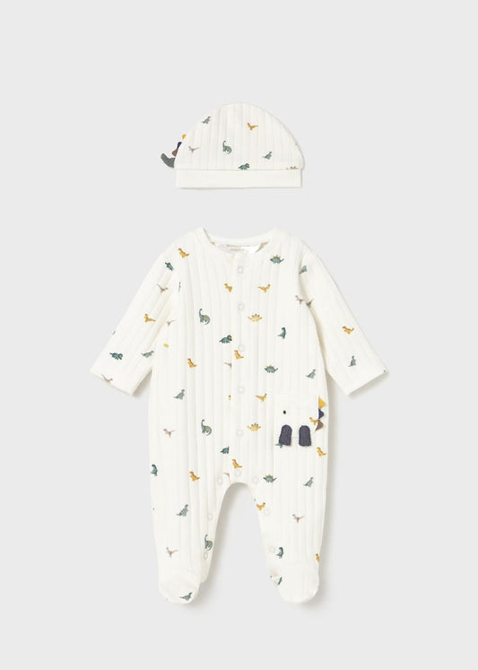 Tutina con cappello dinosauro neonato in bianco con disegni colorati di dinosauri