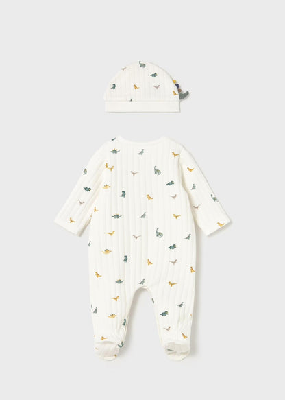 Tutina con cappello dinosauro neonato Mayoral in cotone con stampa di dinosauri colorati