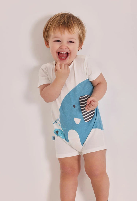 Pagliaccetto Corto Neonato in Cotone Bianco con Elefantini Blu – BOBOLI - OOPS by BabyBimbo 0-16