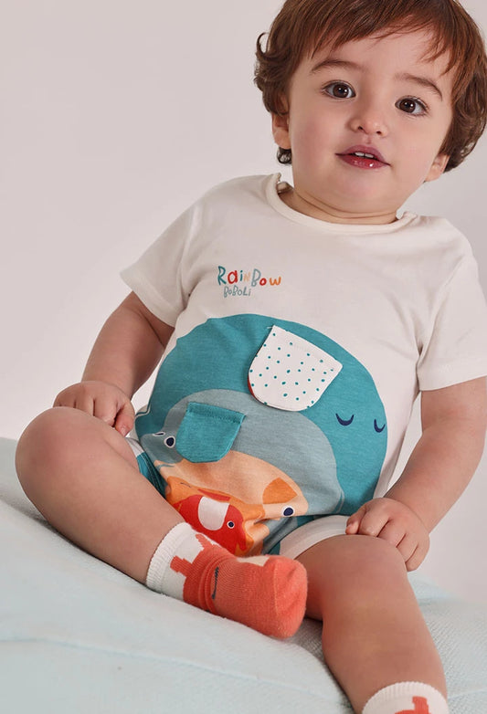 Tutina Neonato in Cotone Bianco con Elefantini – Maniche Corte– BOBOLI - OOPS by BabyBimbo 0-16