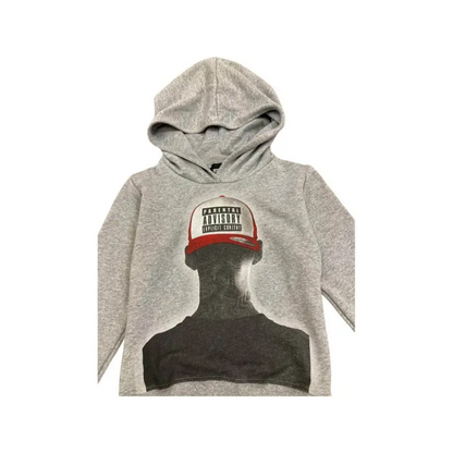felpa bambino con cappuccio Parental Advisory grigia con stampa silhouette frontale e cappellino rosso