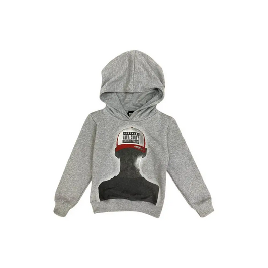 felpa bambino con cappuccio Parental Advisory grigia con stampa silhouette e berretto con etichetta Parental Advisory