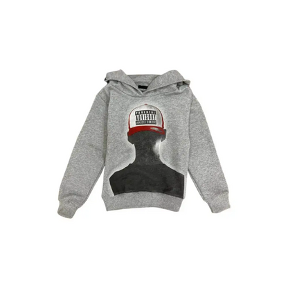 felpa bambino con cappuccio Parental Advisory grigia con stampa silhouette e cappellino rosso ideale per il tempo libero