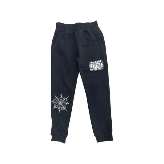 pantaloni bambino Parental Advisory neri in felpa con vita elastica e polsini e stampa logo e ragnatela bianca sul ginocchio