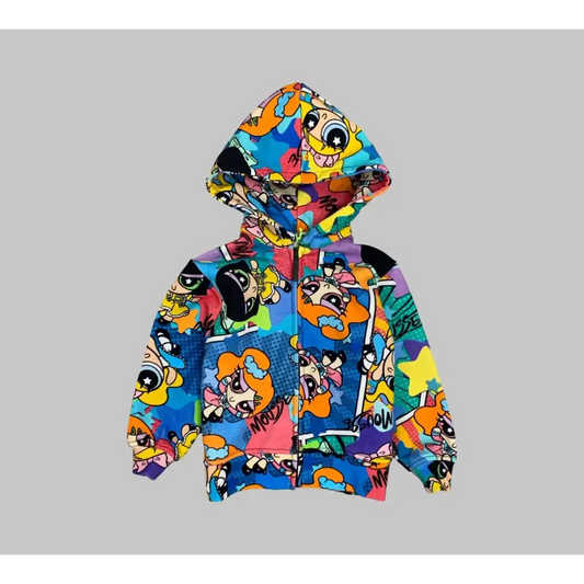 Felpa con cappuccio personaggi cartoni Mousse colorata con stampa vivace e zip frontale