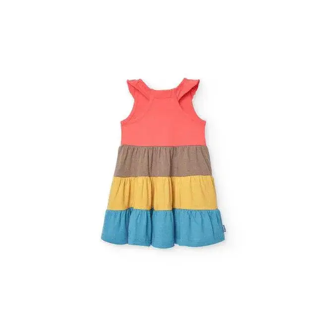 Vestito estivo colorato per Bambina di Boboli con balze rosa, marrone, giallo e azzurro senza maniche