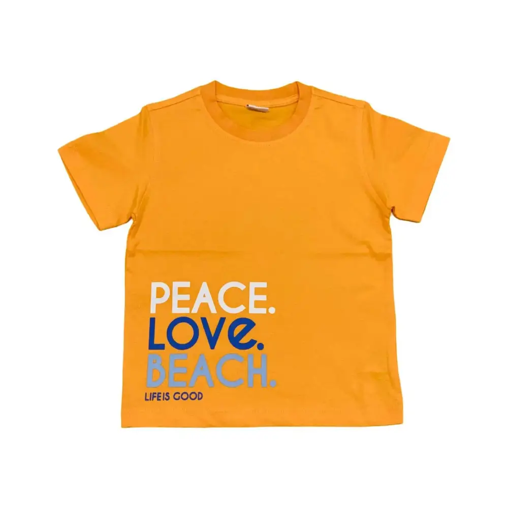 COMPLETO CORTO FANTASIA BAMBINO Y-CLU maglietta gialla con scritte colorate peace love beach