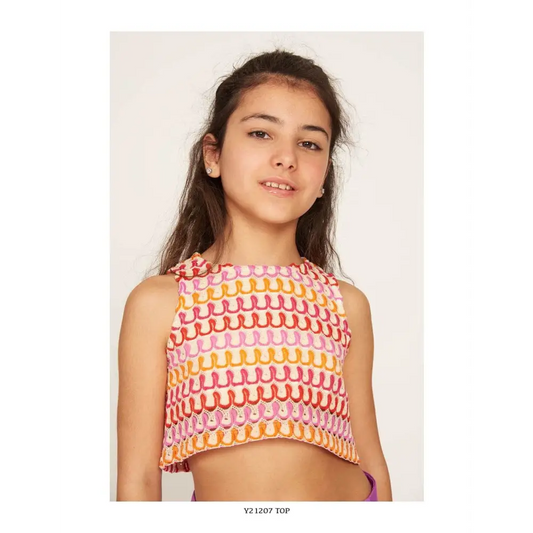Top crop per ragazza colorato e alla moda Y-CLU con motivo a onde multicolore e design senza maniche