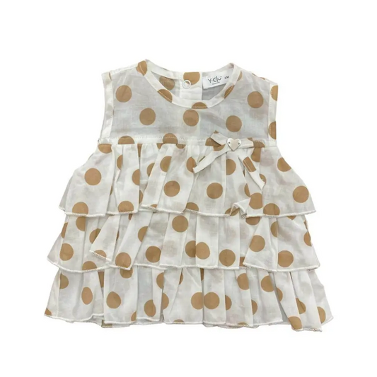 camicia neonato pois Yclù in cotone bianco a balze con pois beige e fiocco decorativo
