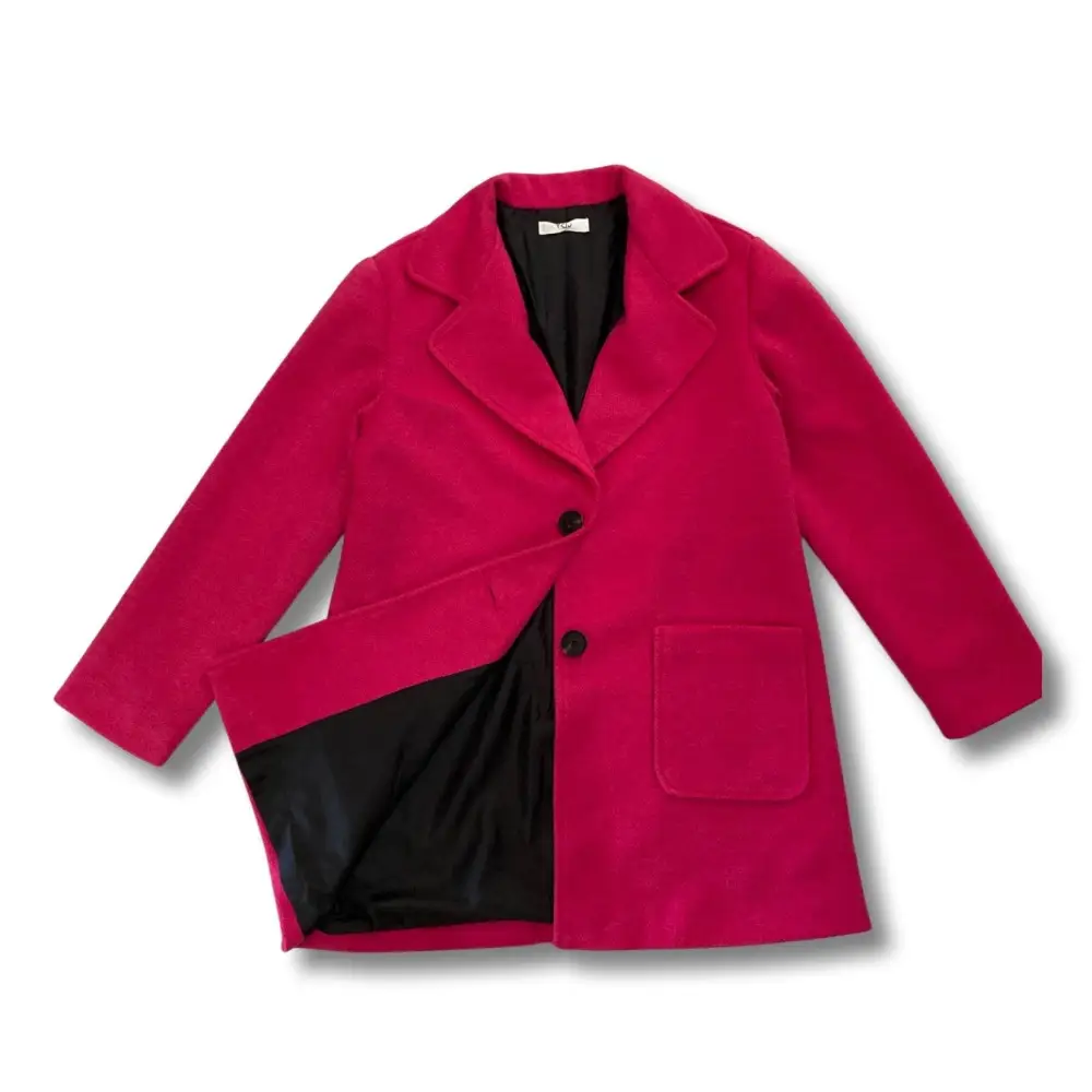 cappotto fuxia ragazza Yclù invernale a due bottoni con tasca a toppa e fodera nera elegante