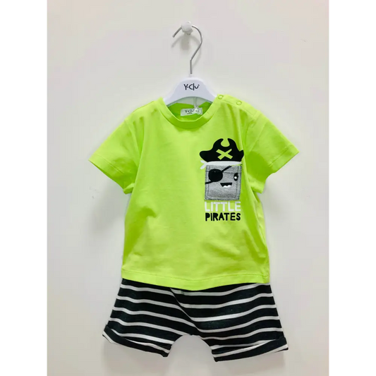 completo corto bambino pirata maglietta verde fluo con taschino pirata e pantaloncini a righe