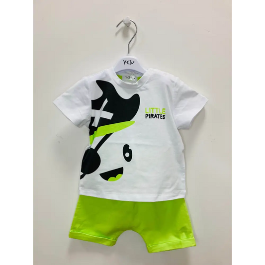 Tutina estiva bianca e verde con grande stampa pirata e scritta Little Pirates completo corto pirata bambino