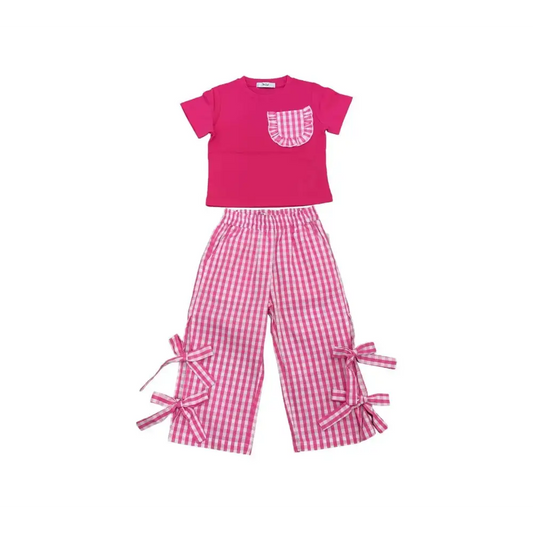 COMPLETO PANTALONI E MAGLIETTA BAMBINA FUXIA Y-CLU con maglietta fuxia e pantaloni a quadretti con fiocchi