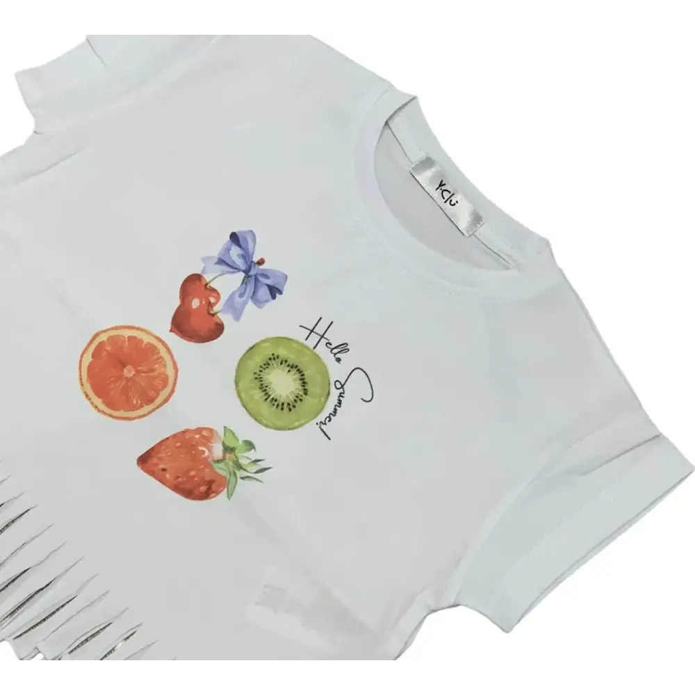 Maglietta bambina bianca frutta Y-Clù con stampa fragola kiwi arancia e fiocco lilla